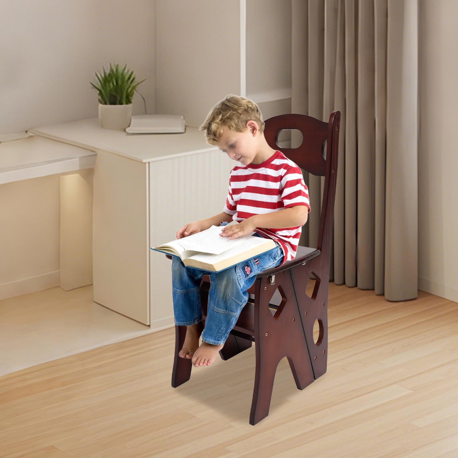 Chaise pliante-marchepied à 4 marches en bois pliable - Escabeau convertible et chaise d'escalier - Échelle multifonction, capacité de charge 100 kg, pour usage intérieur et extérieur (Noyer)