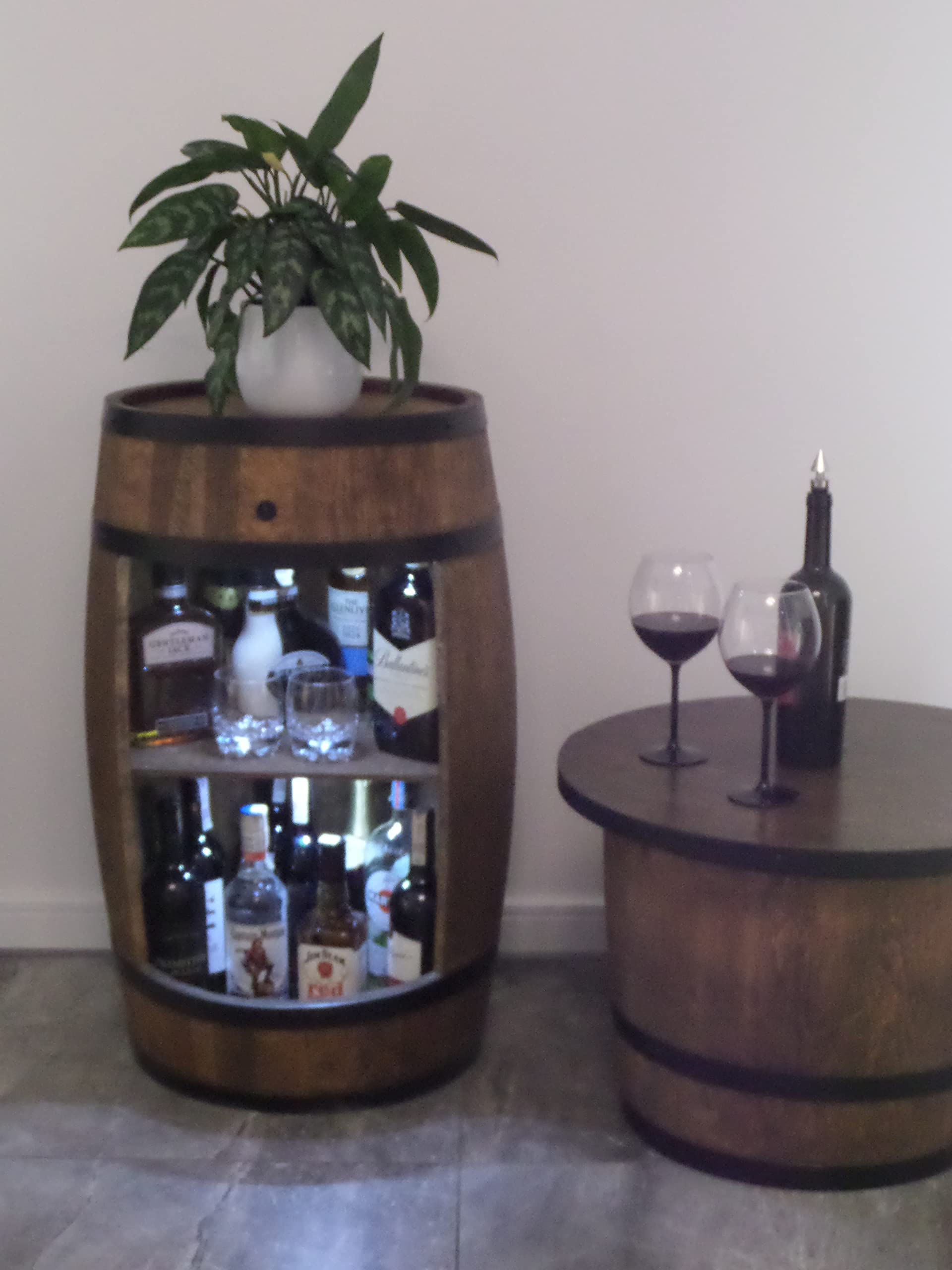CREATIVE COOPER Drewniana beczka, bar domowy z diodami LED – szafka na wino w stylu retro – beczka na wino – drewniany regał na wino – drewniany bar o wysokości 80 cm – eleganckie meble, dekoracja salonu – beczka