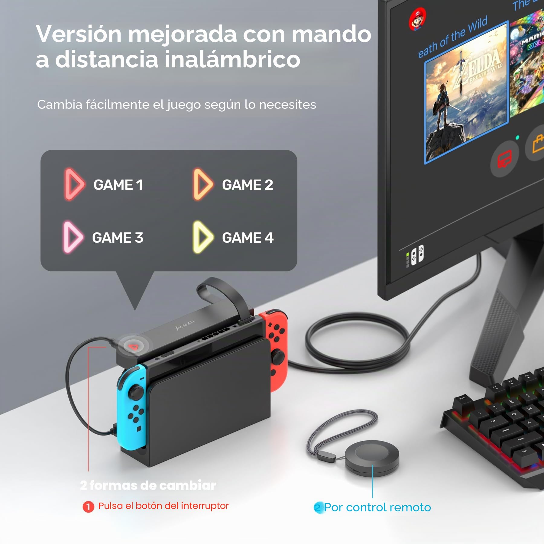 Alxum Switch Lector de Tarjetas de Juego con Mando a Distancia, 8 en 1 Multi Game Card Holder Compatible para Nintendo con 4 Gaming Cards Switcher y 4 para Almacenamiento de Tarjetas