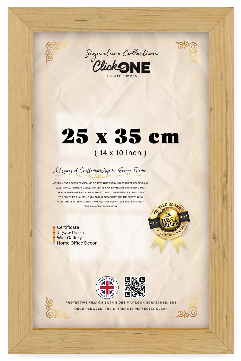 Click One — Flat Style Rectangle Sturdy (25 X 35 CM) Poster Frame | Engineered Wood With Styrene Front Wall Hanging Small For Posters And Art Prints (14 X 10 Inch) Pine Finish Classic Matt Border