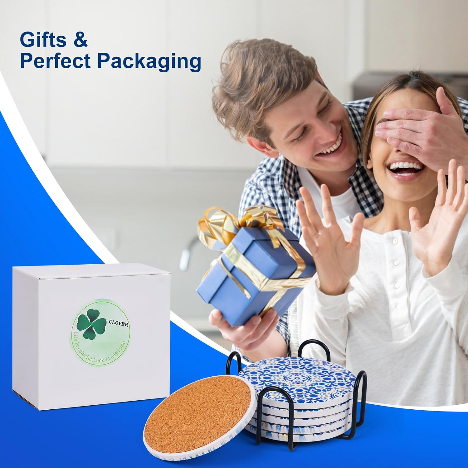 Ceramic Coasters for Drinks Absorbent - Metal Holder Set, Dry & Clean, Anti-Slip Cork Bottom - Blue and White Porcelain, Perfect for Living Room, Kitchen, or Outdoor Use - Image 6