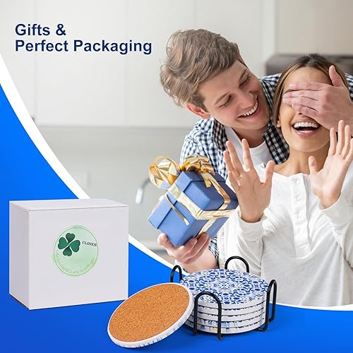 Miniatura 6 de Posavasos de cerámica absorbentes para bebidas, juego de soporte de metal, seco y limpio, parte inferior de corcho antideslizante, porcelana azul y