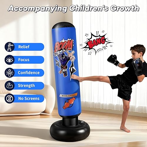 Miniatura 3 de Saco de boxeo para niños, juego de boxeo 5 en 1 para niños de 6 a 12 años, saco de boxeo inflable de 63 pulgadas con guantes, regalos para niños y