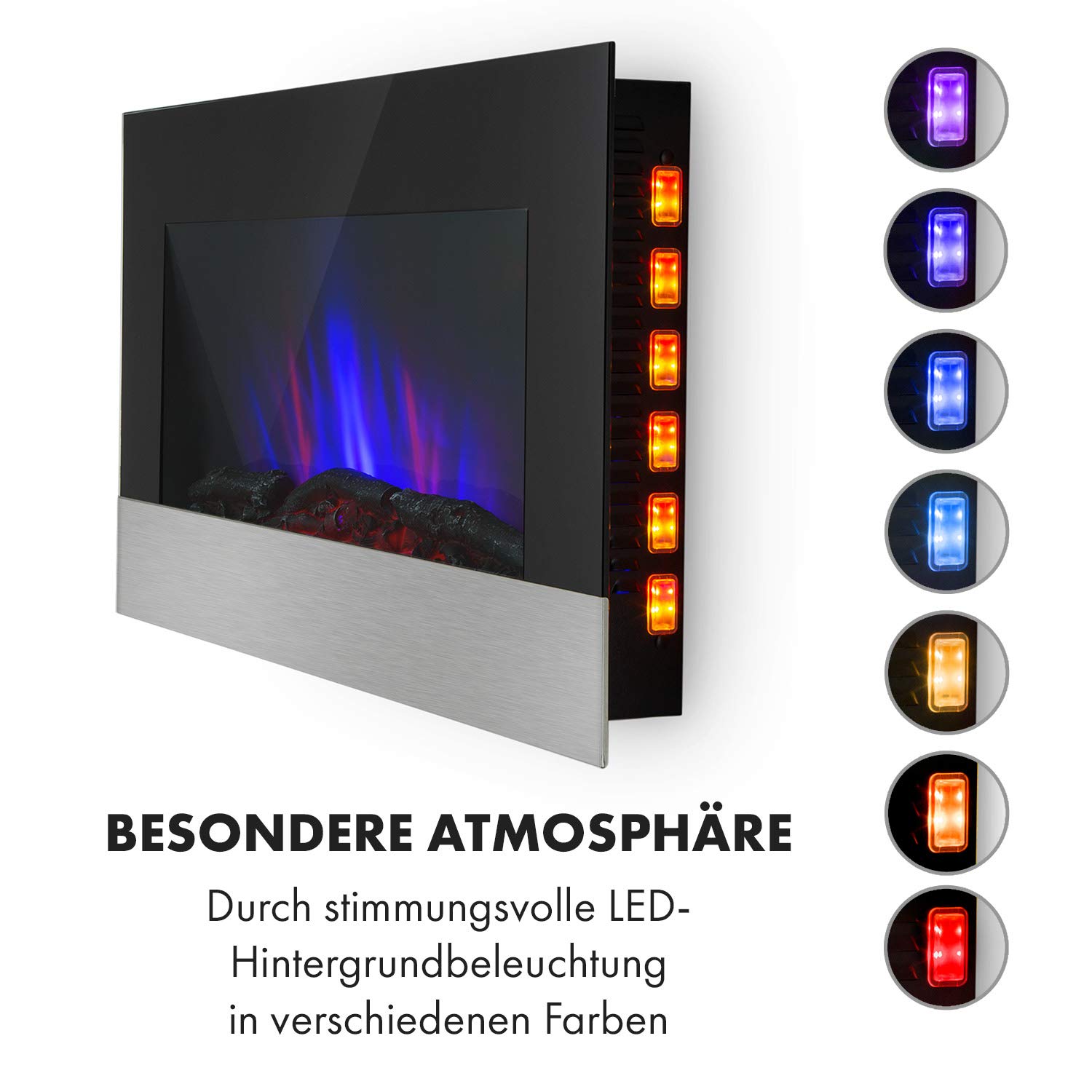 Klarstein Basel Elektrokamin - Heizlüfter mit 1000 oder 2000 Watt Heizleistung, 2 Heizstufen, LED-Flammenillusion in 7 Farben, Thermostat, Stand- oder Wandmontage, Wochentimer, schwarz