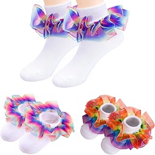 Baby Girls Ruffle Princess Style Dress Socks Turn Cuff Shimmering Big Ruffle Rainbow Lace Socks for Toddler 1-10T