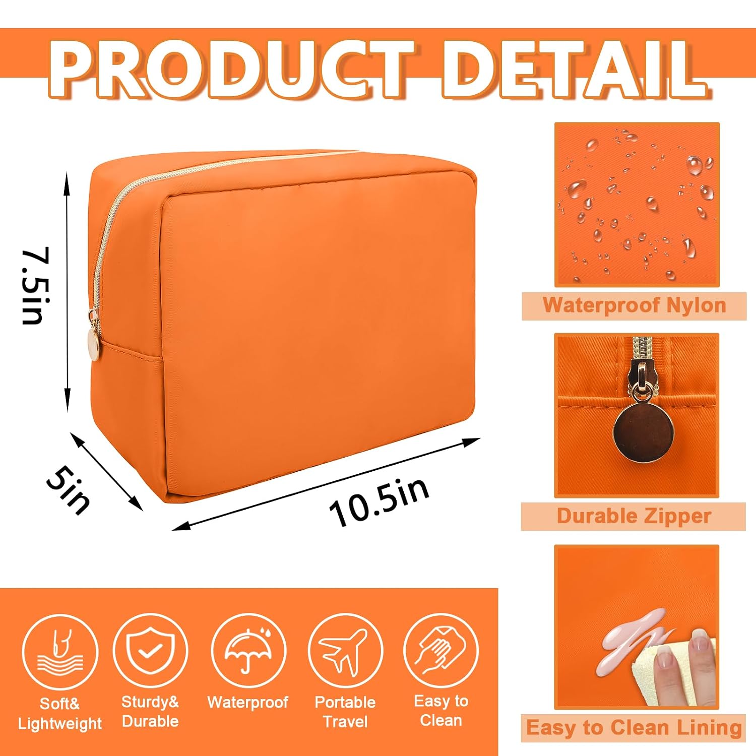 UIXIZQ Large Makeup Bag Pouch,Nylon Women Travel Toiletry Storage Bag Preppy Cosmetic Bag for Girls,Big Makeup Organizer Bag Cute Zipper Pouch Skincare Bag for Sport Work Gift(Large-Peach) image 2