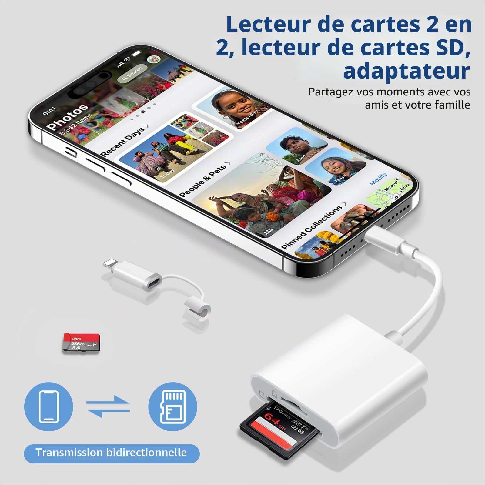 Lecteur de Carte SD Certifié Apple MFi USB-C & Lightning pour iPhone iPad Galaxy