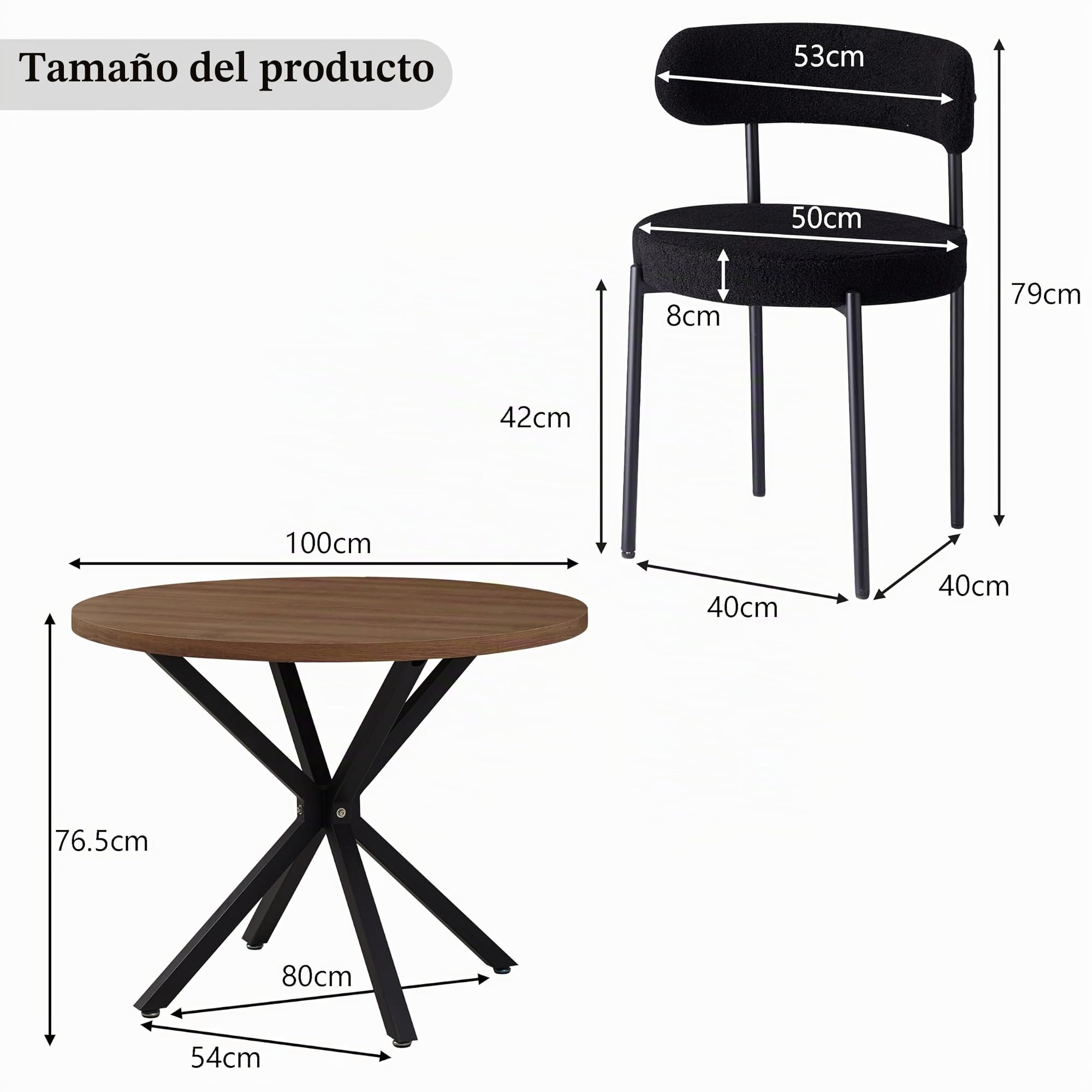 GrandCA HOME Juego de Mesa y Sillas de Comedor: Mesa Redonda de 100 cm + 4 Sillas de Comedor Sherpa, Aptas para 4-6 Personas, (Marrón Oscuro + Negro)