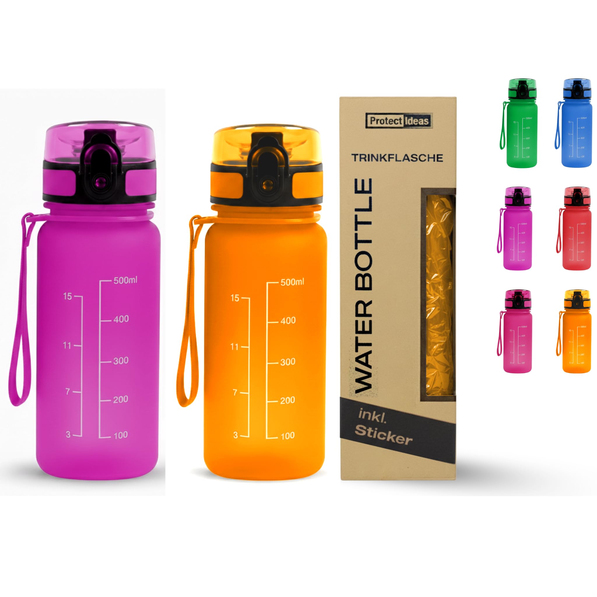 2 Stück Trinkflasche Kinder Auslaufsicher 0,5L – BPA-Frei Wasserflasche 500ml für Schule, Sport, Fitness – Geschmacksneutral, Leicht, Trinkflasche Mit 12 Aufklebern für Kinder (2 Stück Orange-Pink)