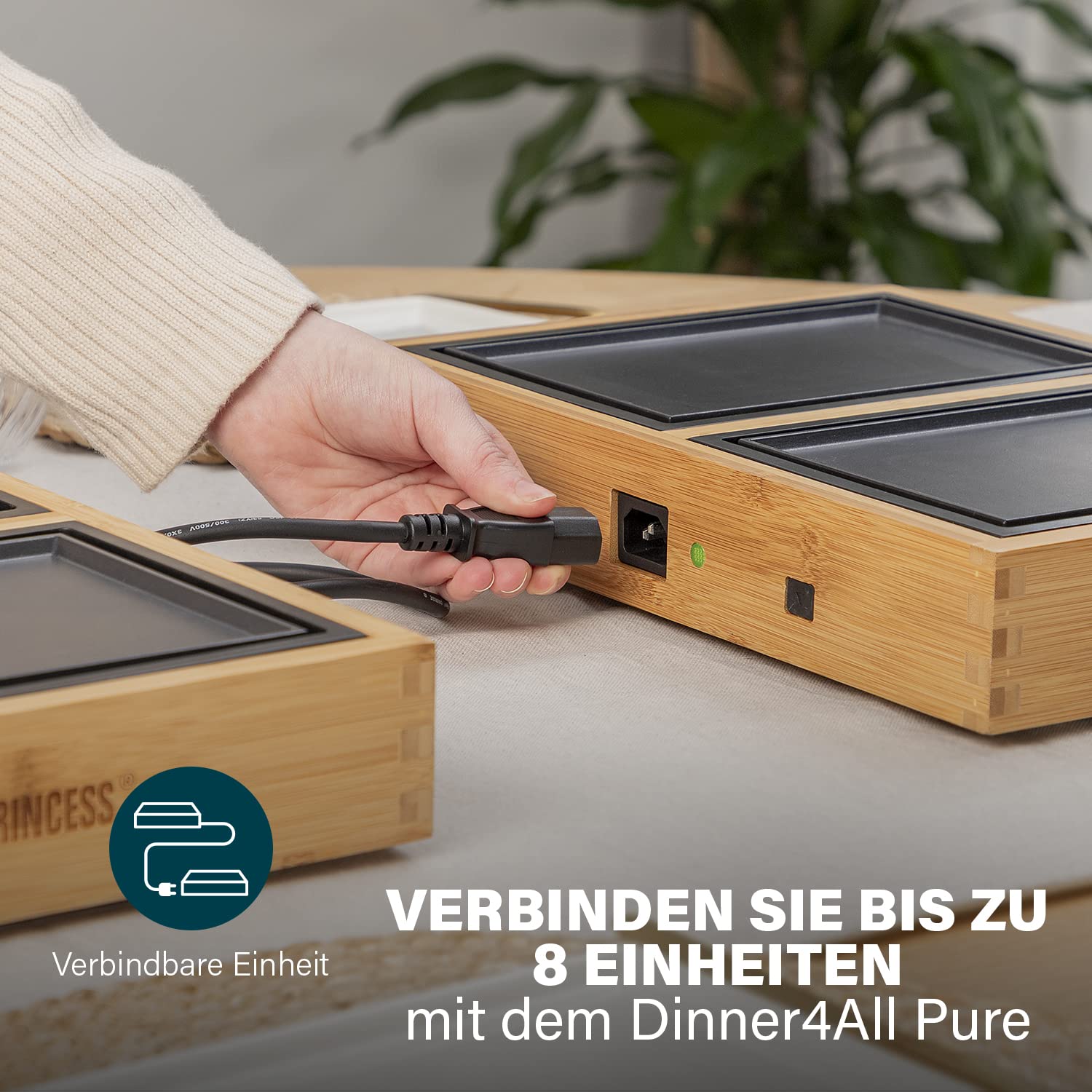 Princess Dinner4All Pure Tischgrill mit Bambusausführung - 4x210W, 2M Kabellänge, 4x Heizplatten und 4x Keramikplatten, 104040 |