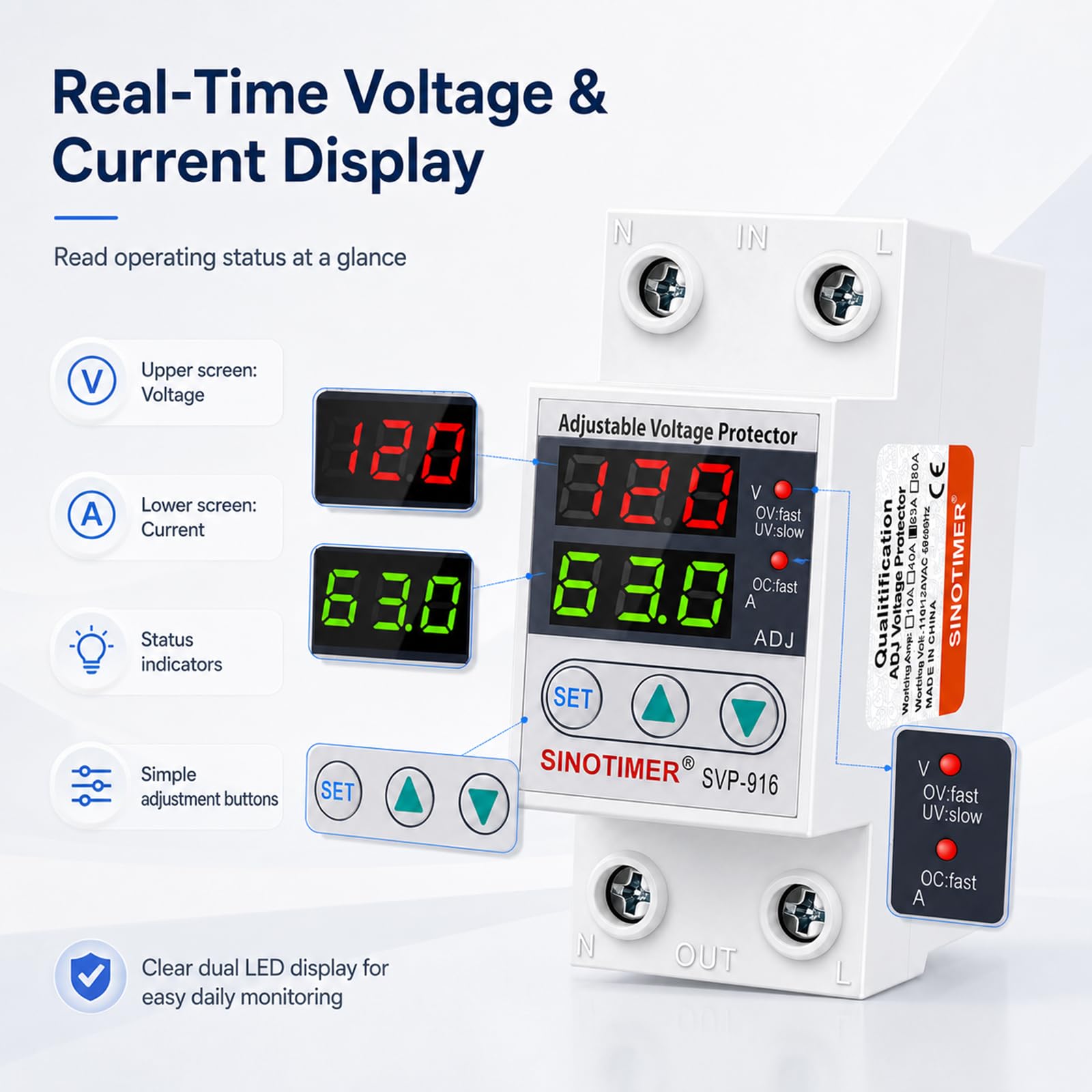 Protección contra sobrecorriente y bajo voltaje con reinicio retardado 63 A, protección de tensión, 230 V, pantalla LED doble, protección contra restablecimiento de tensión