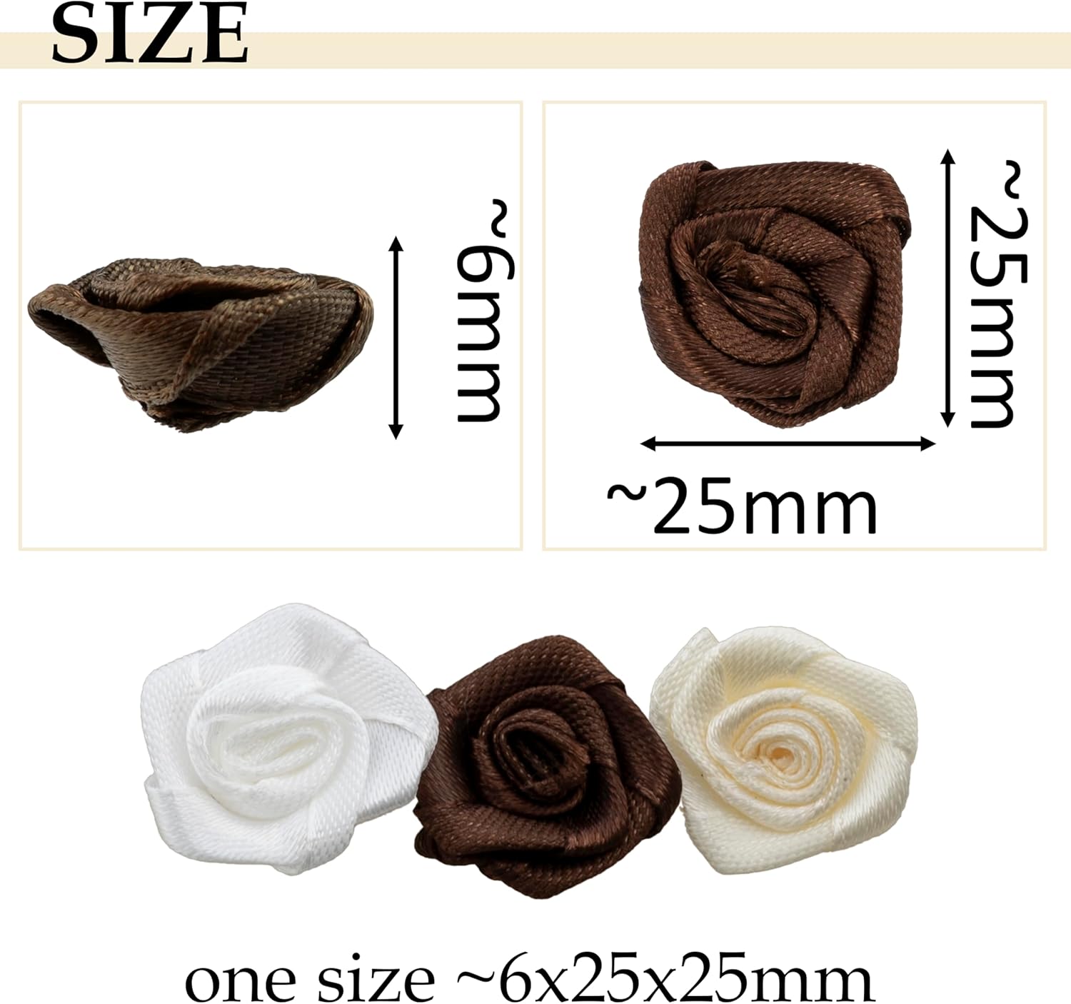 AERZETIX - C69671 - Set of 60 Artificial Roses 6x25mm Satin - Brown White Ecru - Creative Hobby Decoration Buttonholes