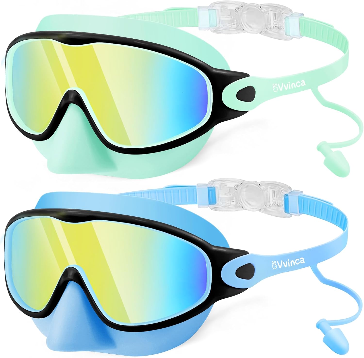 Vvinca Kids Swim Goggles with Nose Cover & Attached Earplugs, Anti-Fog Wide View Swimming Goggles for Boys Girls 3-12