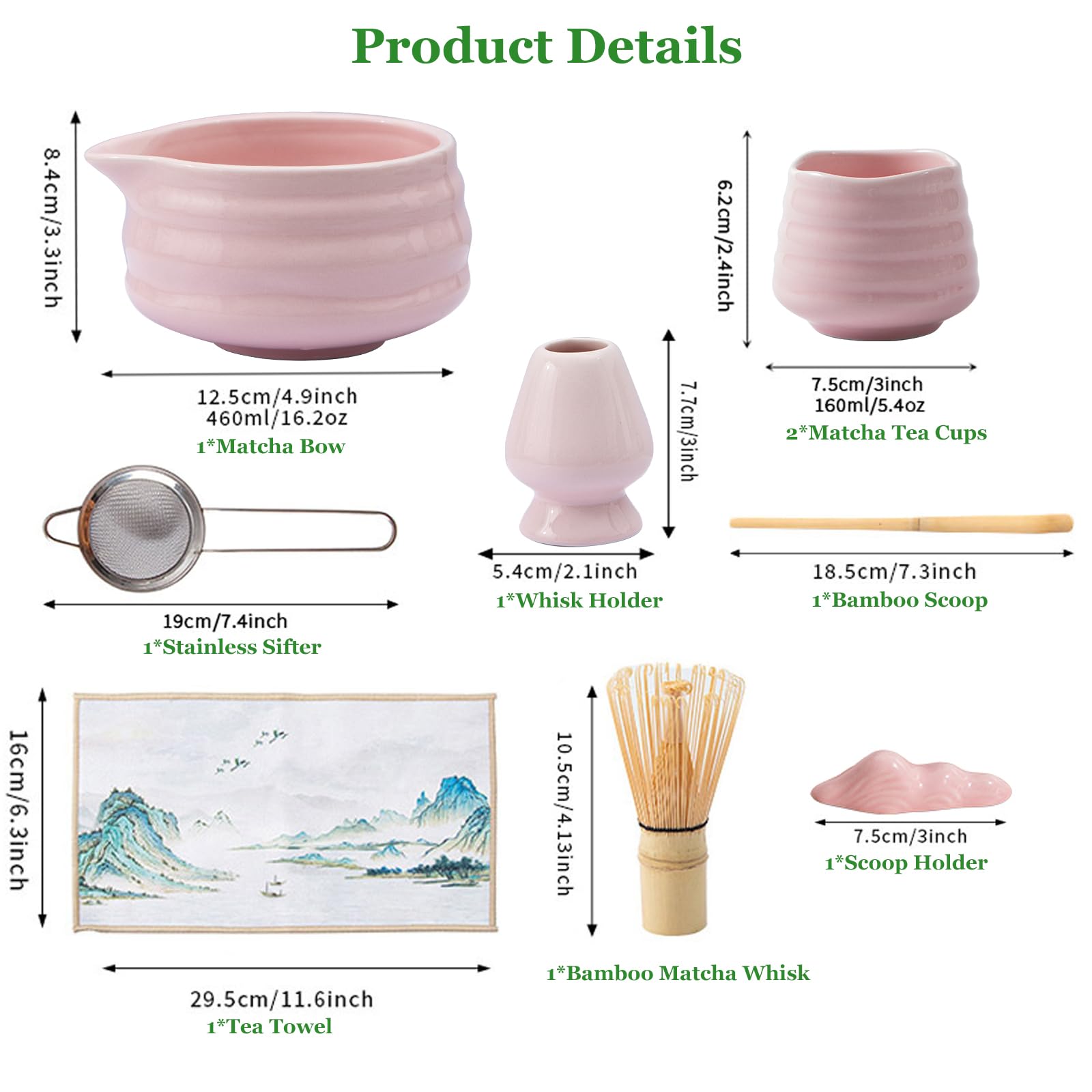 Matcha Set 9-Teiliges, Matcha Set Rosa mit Matcha Besen,Chasen,Matcha Schale,2 Matcha Tasse,Sieb,Löffel, Keramikschaufelständer,Teetuch aus Baumwolle Macha Tea Set Für Matcha-Liebhaber