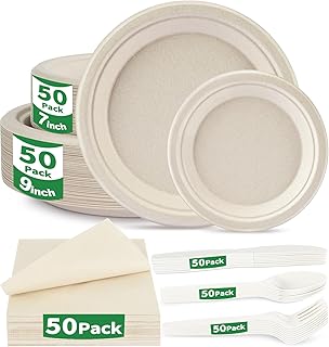 300 Pcs Compostable Dinnerware Set - Serves 50 Guests with Heavy Duty 9 ...