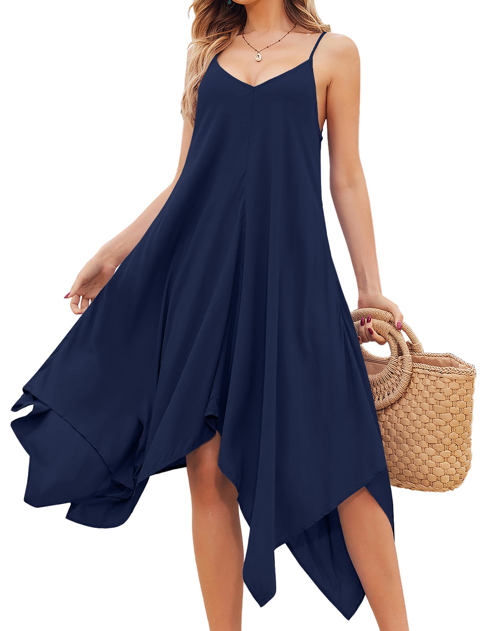 Chigant Womens Summer Dresses Casual Spaghetti Strap Midi Swimwear Cover Up | Flowy Handkerchief Dress, For Beach Vacation, Maxi, Solid Color, Floral, Boho, Tropical, Hawaiian Dress