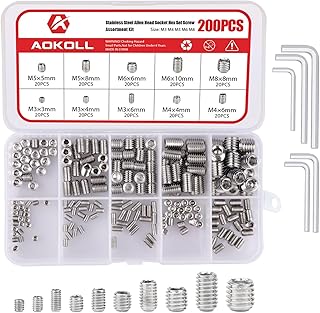 200pcs Stainless Steel Allen Head Grub Screws Socket Hex Set Screw Metric M3 M4 M5 M6 M8 Assortment Kit (Silver)