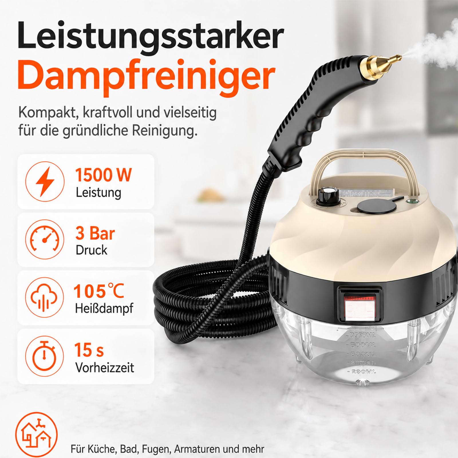 Dampfreiniger Handgerät, 15 Sekunden Aufheizzeit, 1L Wassertank, 1500W & 6 Geschwindigkeitsstufen, Steam Cleaner für Alles, Tragbarer Handdampfreiniger für Boden, Küche, Fenstern,Badezimmern, Auto