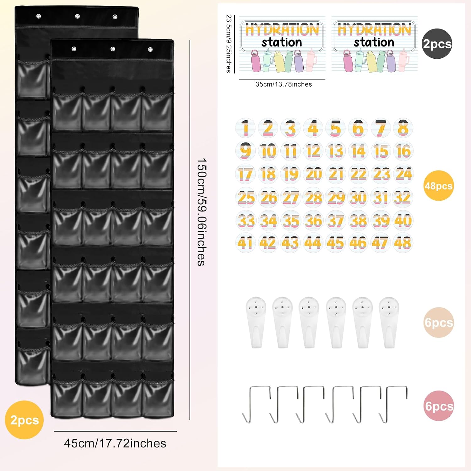 2 PCS Water Bottle Organizer for Classroom - 48 Pocket PVC Water Bottle Holder with Hydration Station Stickers,Over the Door Hanging Water Bottle Storage Foldable Wall Mounted Cup Holder for School