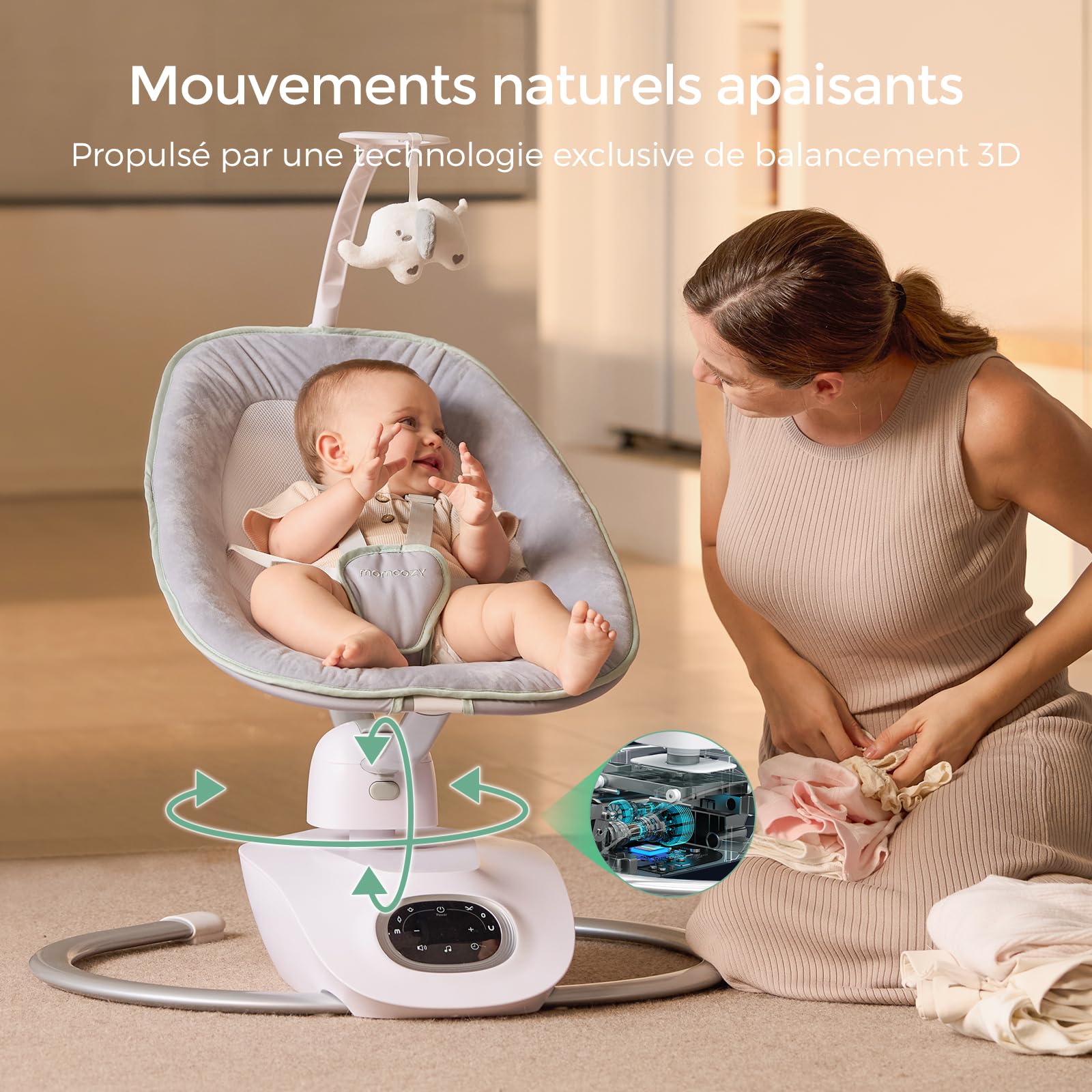 Momcozy CocoSway Balancelle Bébé Électrique, 3D-Motion, Télécommande, Gris | 6 Modes, 4 Vitesses, Siège Pivotant 180°, Transats, Balançoires, Nourrissons, Tout-petits, 5 Harnais, Berceuses