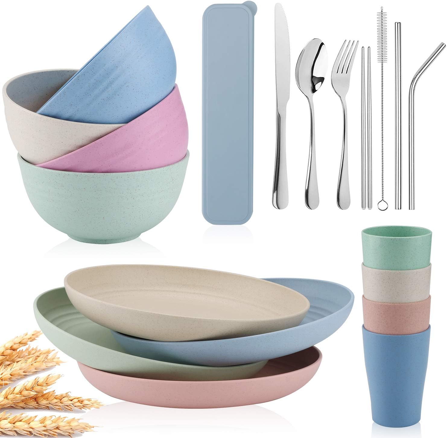 Wheat Straw Dinnerware Sets -Travel Camping Cutlery Set,Set-Reusable, Eco Friendly,Wheat Straw Plates,Wheat Straw cup, Cereal Bowls