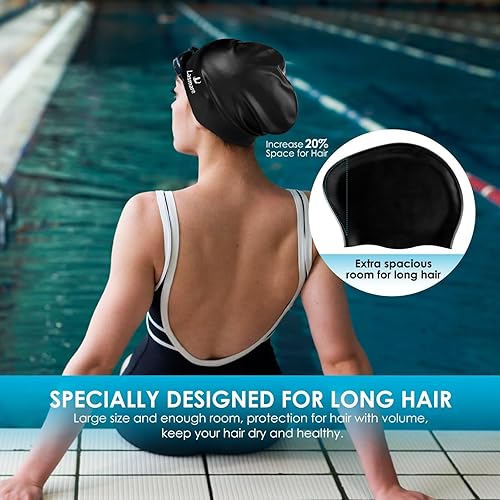 Miniatura 5 de Gorro de natación grande y largo con espacio adicional para mujeres y hombres, gorra de natación de silicona para cabello largo y grueso con tapones