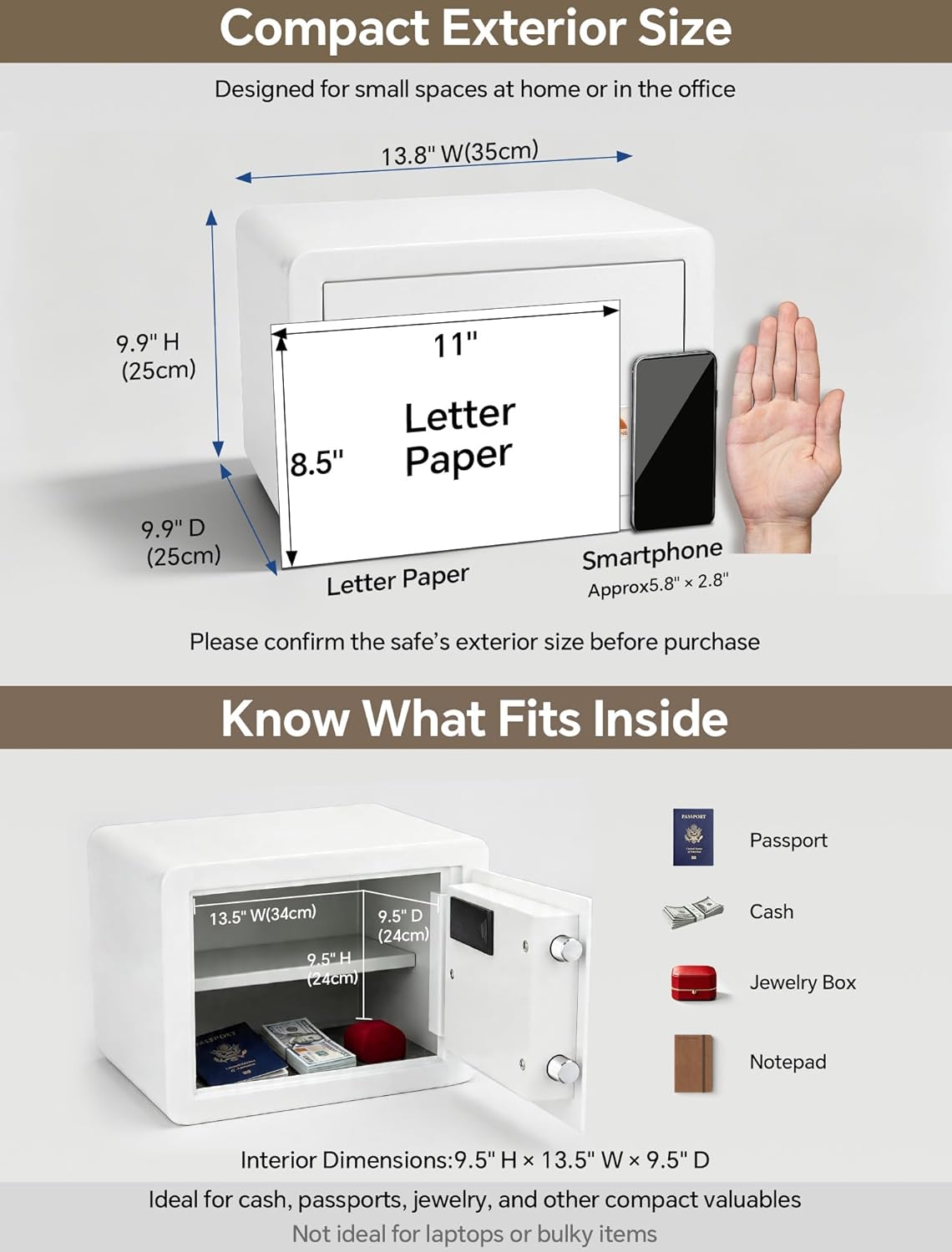 TIGERKING Biometric Fingerprint Home Safe, 1.2 Cubic Feet Digital Security Safe Lock Box, Quick-Access Small Safes for Cash, Jewelry, Document, White
