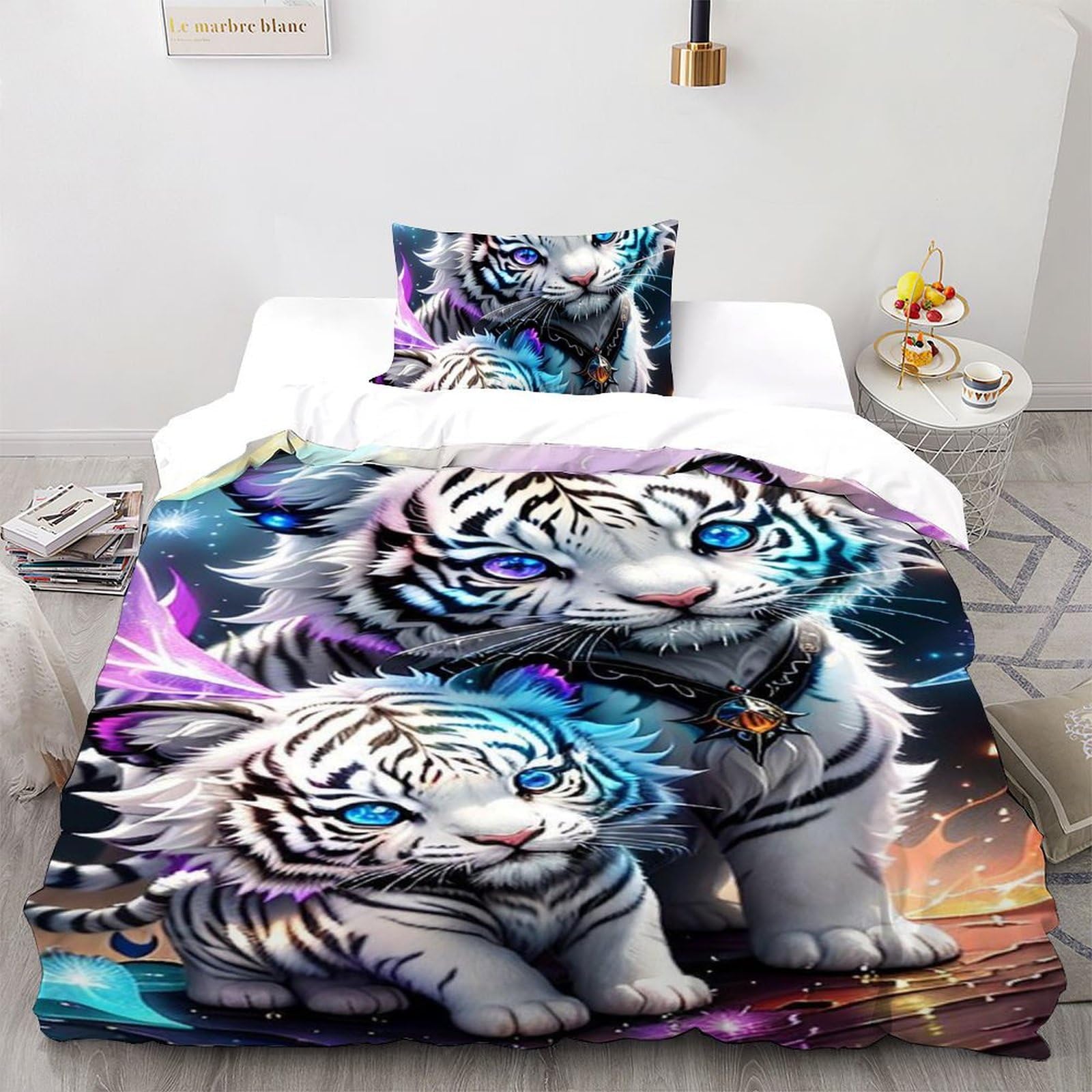 Ensemble de couette 135x200cm tigre mignon avec taie d'oreiller lit simple enfant