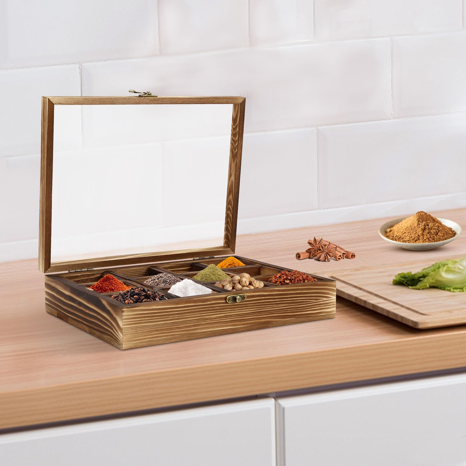Drewniane pudełko na przyprawy z 12 pojemnikami Spice Fit Box do przechowywania do 12 różnych przypraw lub herbaty, kolor brązowy, 30 x 22,5 x 7 cm