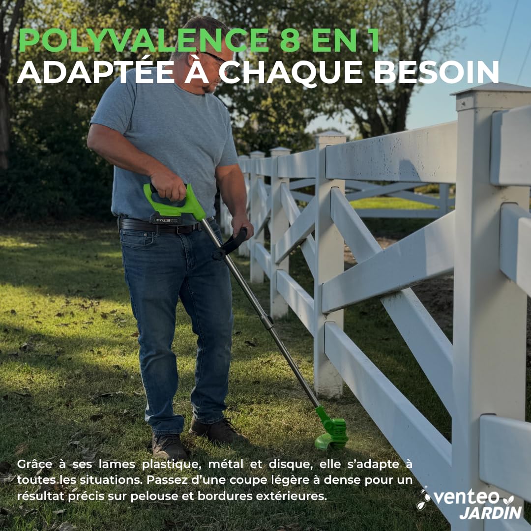 VENTEO - ROTORAZER 8en1 Tondeuse, Taille-Bordures, Coupe-Bordures sans Fil | Coupe Bordure Batterie Multifonction 3 Angles 3 Hauteurs Lames Interchangeables | Entretien Bordure Jardin Gazon