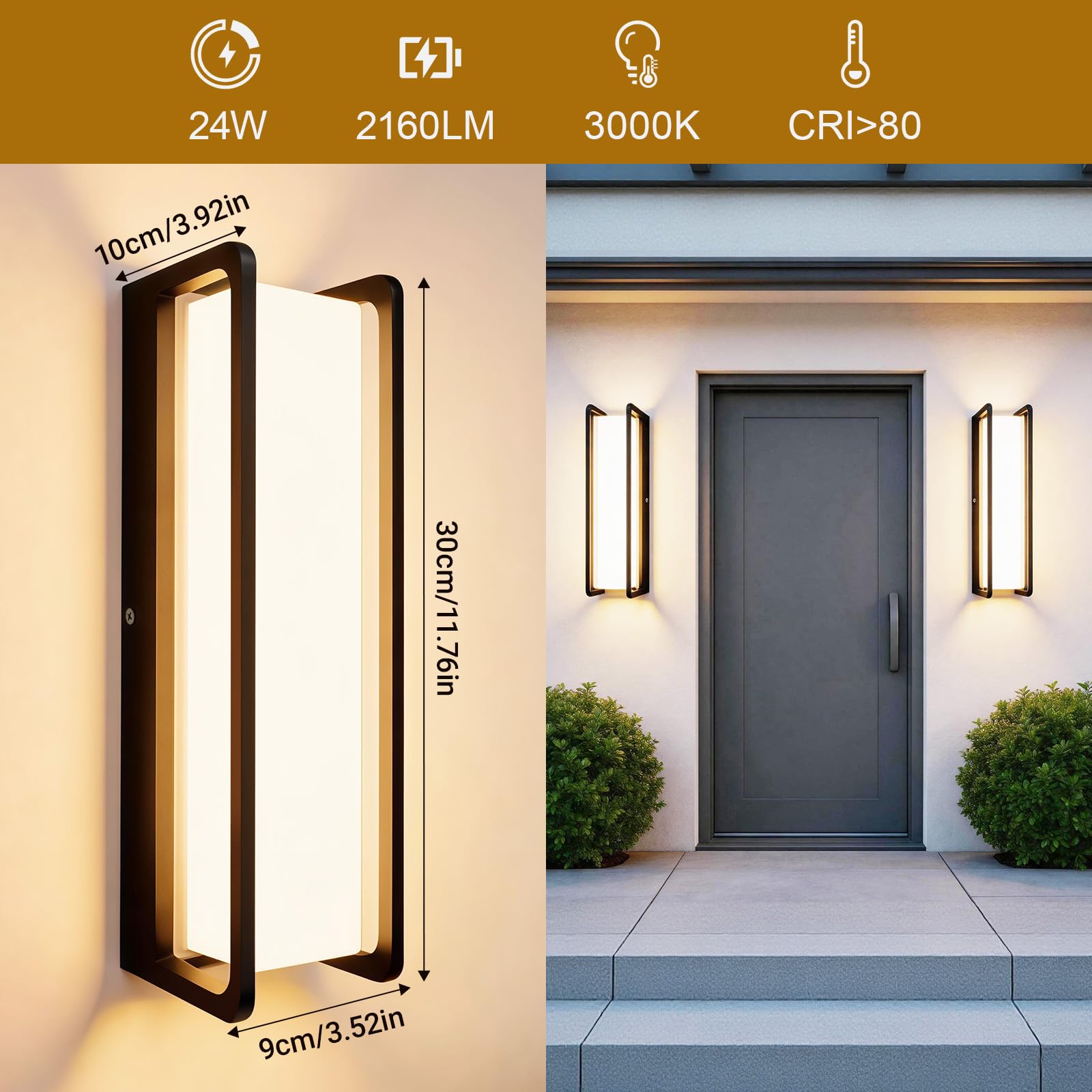 Applique da Parete Interno 24W | lampada da parete IP65 Impermeabile Alluminio,Bianca Calda 3000K, Applique da Esterno Moderna per Giardino, Terrazza e Garage
