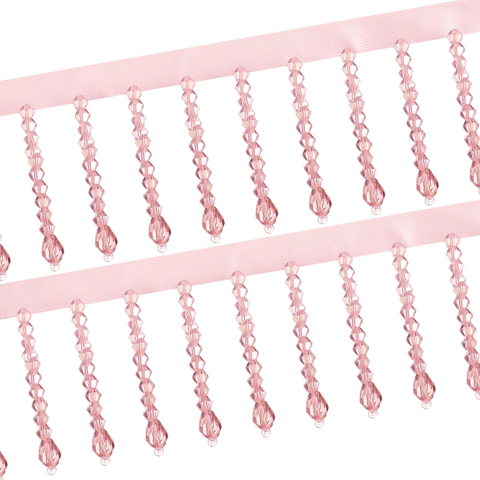 sourcing map 1 Yard Crystal Beaded Ribbon Fringe Trim, 2.4" Crystal Fringe Tassel Rhinestone Bead Trim Tassel for Curtain Lamp Shade Dress Clothes Wedding Decoration DIY, Pink