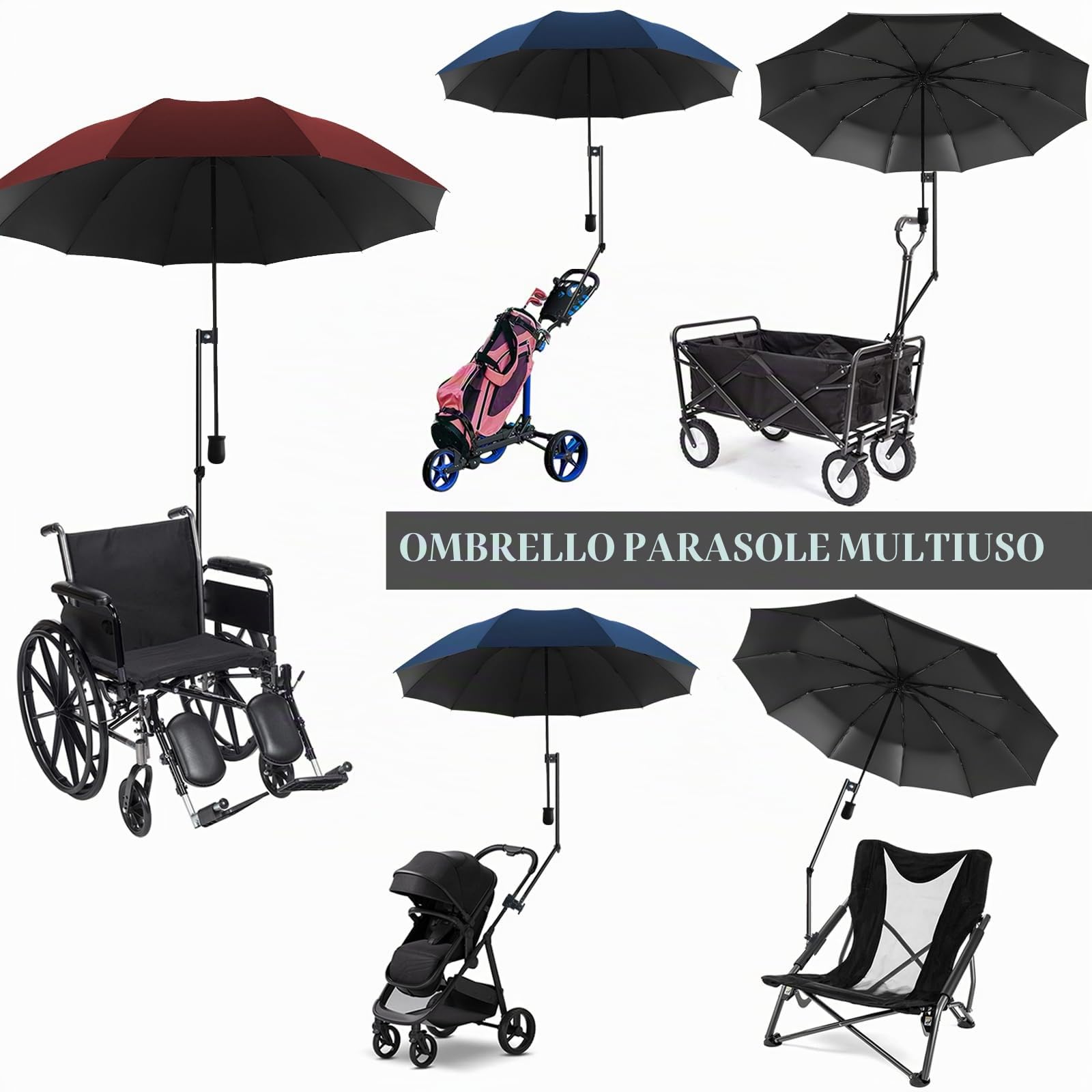 XLINGZA Ombrellone da spiaggia UPF 50+ con morsetto universale regolabile per passeggino, sbiancante, terrazza, pesca, barbecue (manuale/nero)