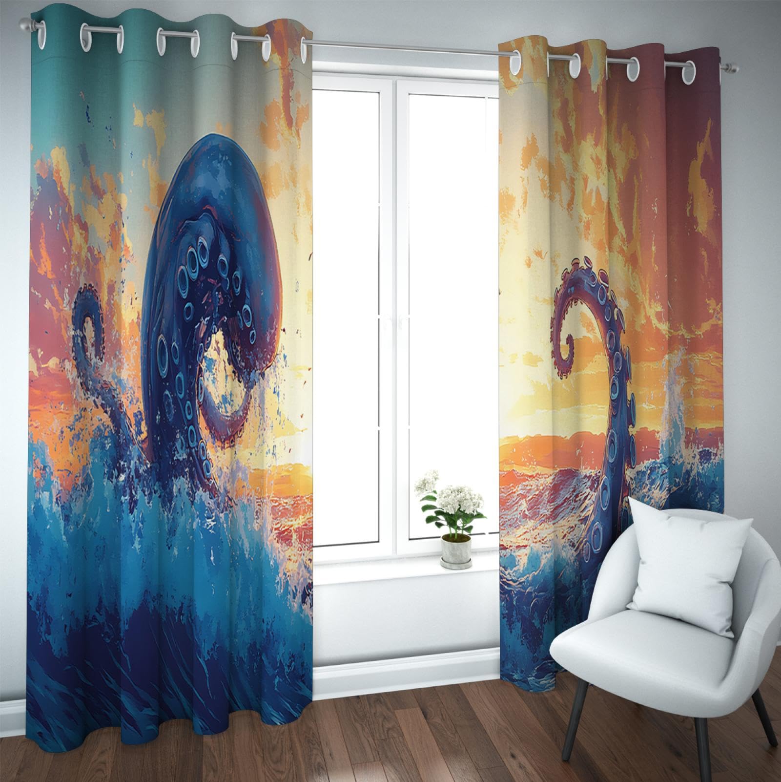 Spersonalizowane Zwierzęta Wzór Oczko Zasłony 2 Panele Octopus Zasłony blokujące światło oceanu do pokoju dziecięcego Sypialnia Salon 2xB140xH229