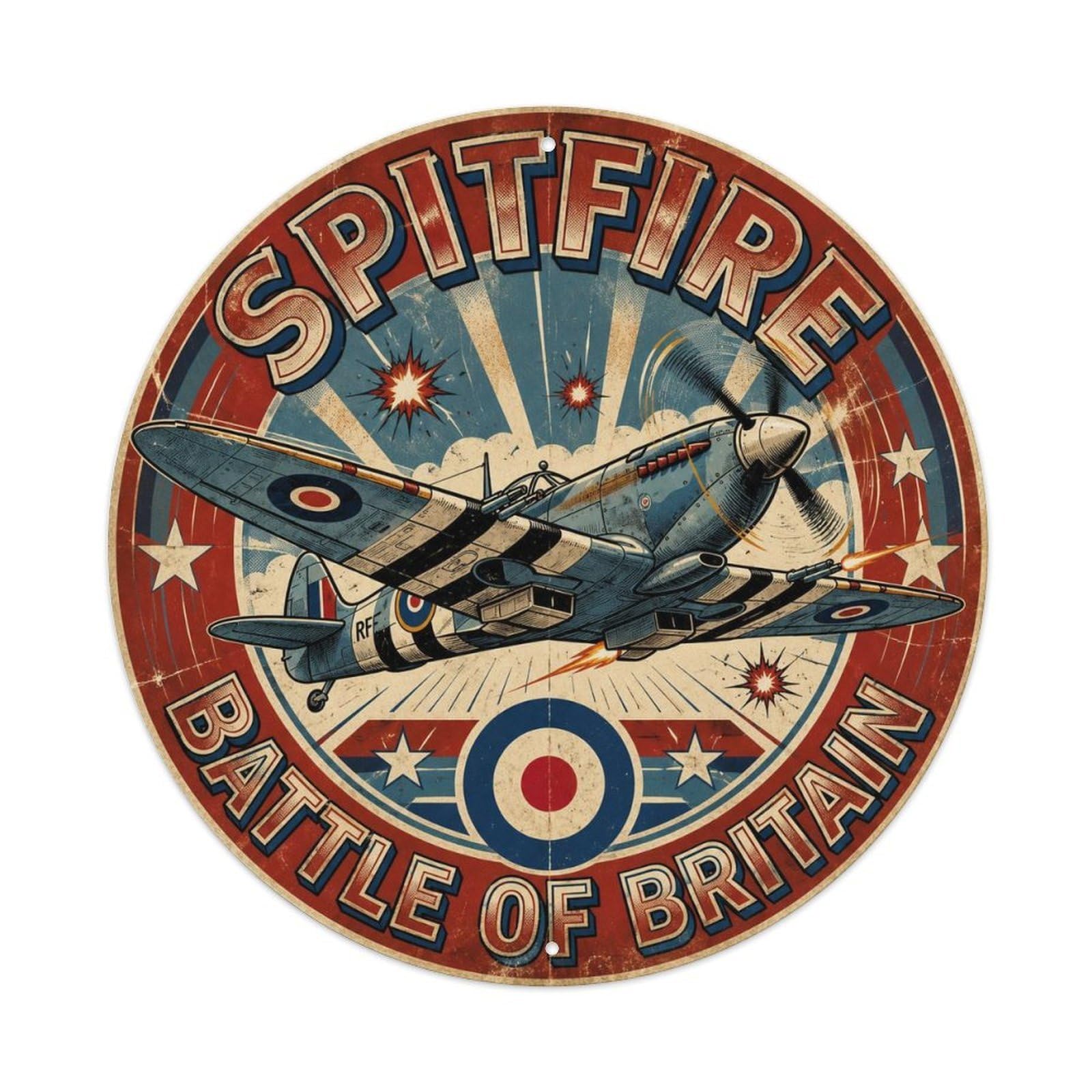 British WWII Military Spitfire RAF Fighter Aircraft Metal Tin Sign Plaque Wall Decor for Cafe, Man Cave, Club Bar, Office, Home Garden Round Metal Poster 8x8Inch