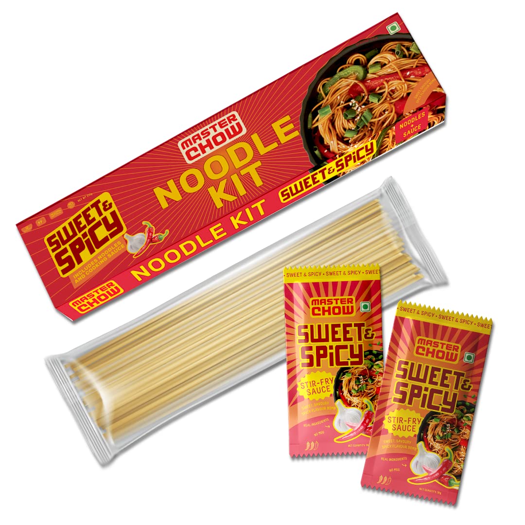 MasterChow Sweet & Spicy Noodle Kit | All-in-One Meal Kit - Stir Fry Sauce with Hakka Noodles | Ready to Cook Easy Meals | All-Natural Ingredients | 10 Mins Noodles