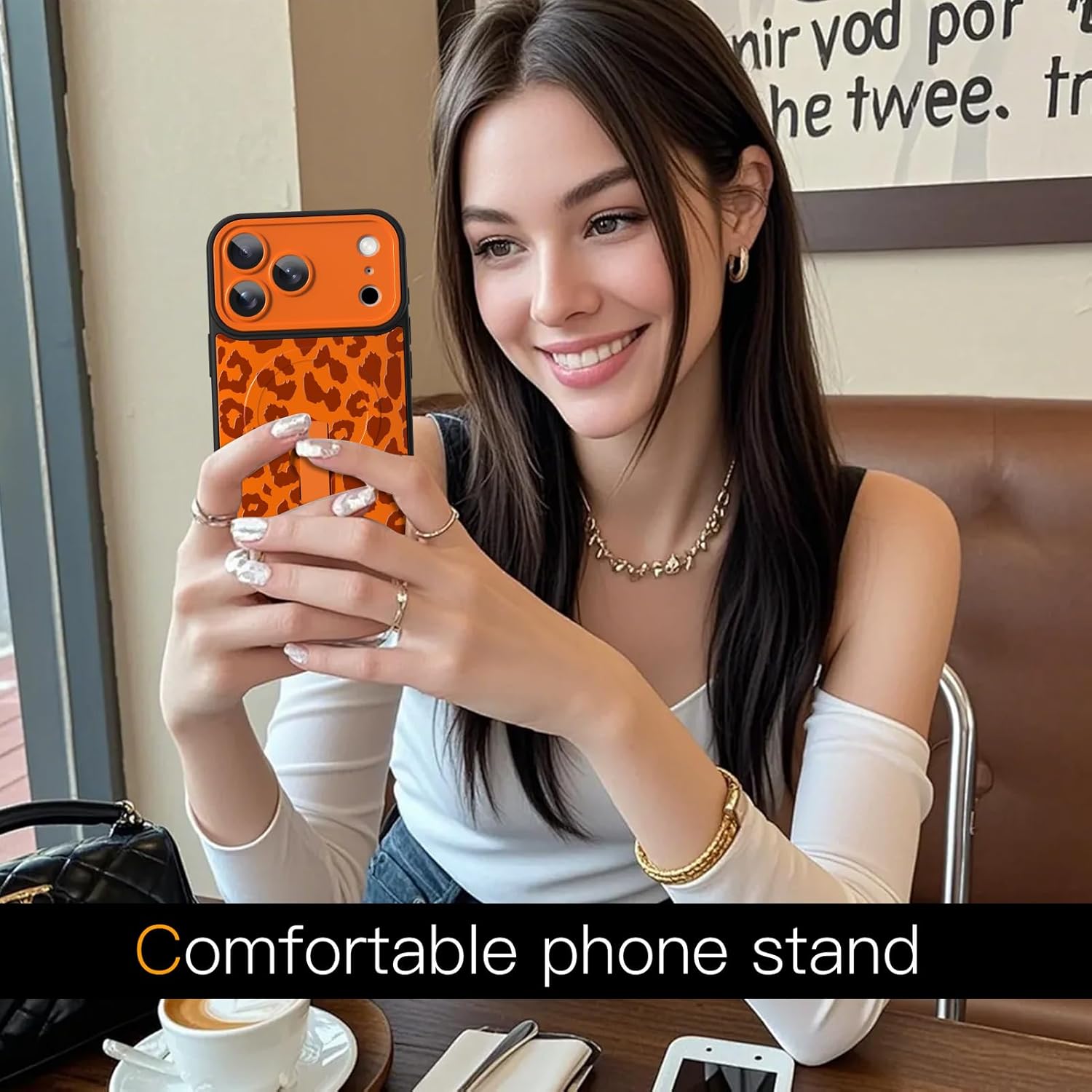 MOWIME for iPhone 17 Pro Max Case with Finger Hand Strap Kickstand,Trendy Cool Cute Orange Leopard Print Phone Case, Full Camera Protection Shockproof Protective Cover for Women Men-Orange