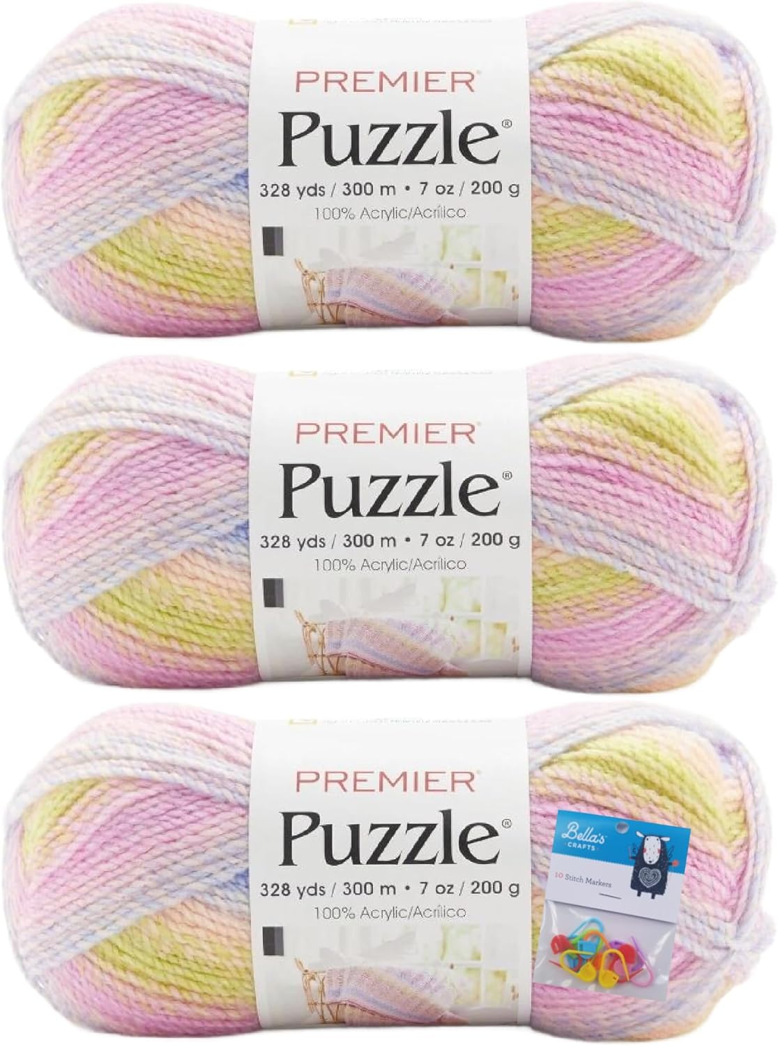 Premier Yarns Puzzle Yarn 7 Ounce Skeins 5 Bulky Chunky Weight 3 Pack Bundle with Bella's Crafts Stitch Markers (Trivia)