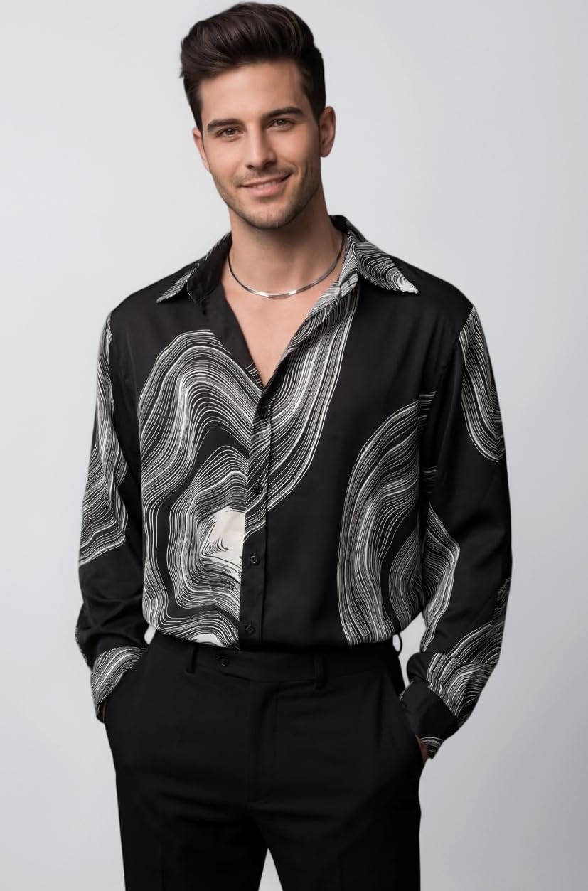 Men's Poly Blend Regular Fit Shirt | Abstract Wave Printed Shirts for Men | Trendy Button Down Stylish Shirt for Man | Casual Summer Outfit