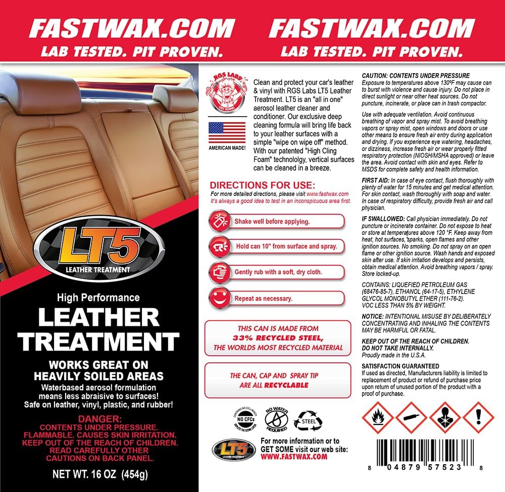 RGS Labs LT5 Leather Treatment (6 Pack, 16 oz Each) | Professional-Grade Leather & Vinyl Cleaner and Conditioner | High-Cling Foam Spray for Easy Application | Restores Luster & Softness