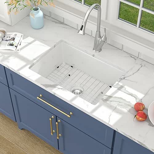 Lordear Undermount Kitchen Sink 27 Inch White Fireclay Porcelain Ceramic