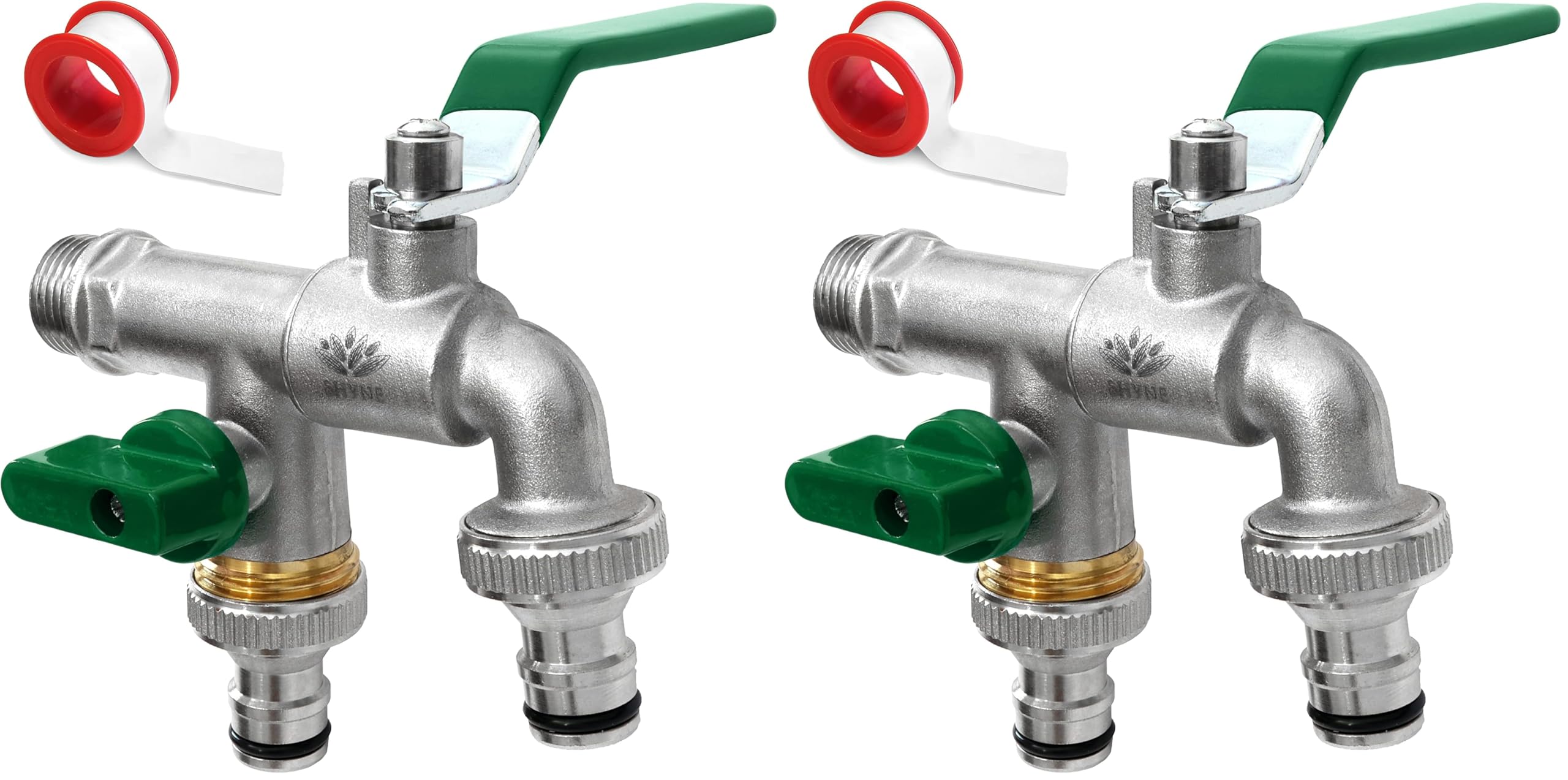 SHYNE Qualità Doppio Rubinetto 1/2'' Pollice Ottone Antiruggine e Resistente al Gelo + 2 Prese Rubinetto Gratuiti + eBook | Giardino, Lavatrice, Pioggia Barile (Confezione da 2)