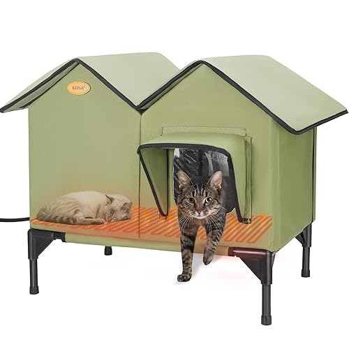Heated Cat House for Outside Cats in Winter, Large Insulated Heated Outdoor Cat House Weatherproof with Elevated Base & Escape Door, Waterproof Cat Shelter for Multiple Cats Feral Stray Barn Kitty