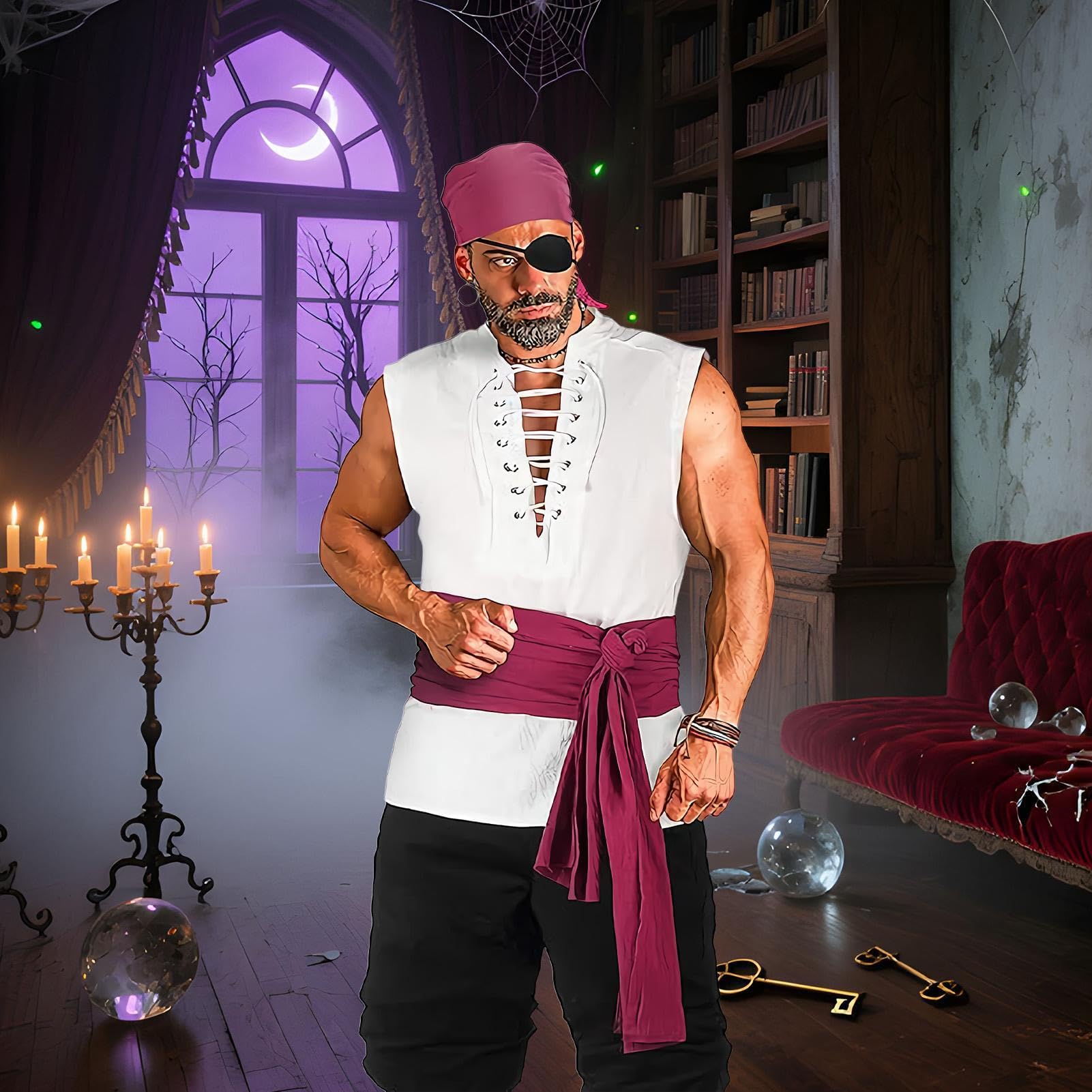 Costume Pirata Uomo Set Halloween Cosplay con Camicia Pantaloni Bandana e | Set Costume Medievale Uomo Adulto per Festa Spettacolo Festival Parata Celebrazione Ballo Fine Anno Evento