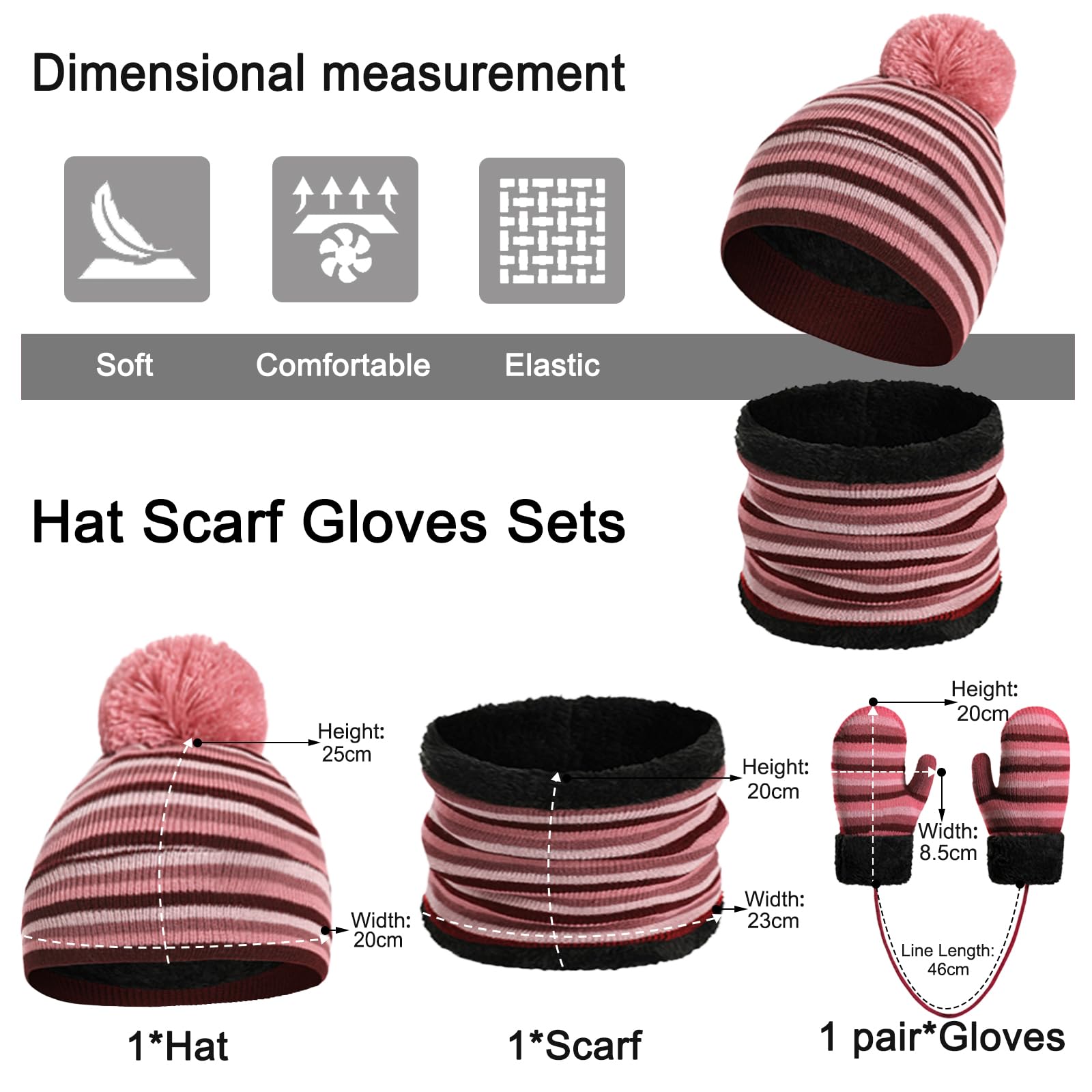 Enwokran Dziecięcy zimowy pompon czapka beanie szalik rękawiczki zestaw ciepła dzianinowa czapka rękawiczki i polar ocieplacz na szyję szalik 3 szt. dla chłopców i dziewcząt w wieku 2-6 lat