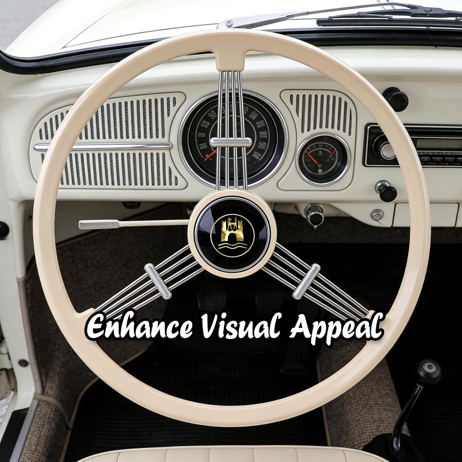 Sorghum 15" Universal Steering Wheel - 3 Spokes Classic Steering Wheel with Horn Button Compatible with 1965-1973 Porsche 911 912 - Piano Lacquer Ivory