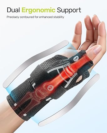 Rakiie Ergonomical Thumb Support with 2 Support Bars, Stable Thumb Spica Splint for Trigger Thumb Right Hand or Left Hand, Thumb Brace for Arthritis, Work, Women and Men (Gray, S/M)