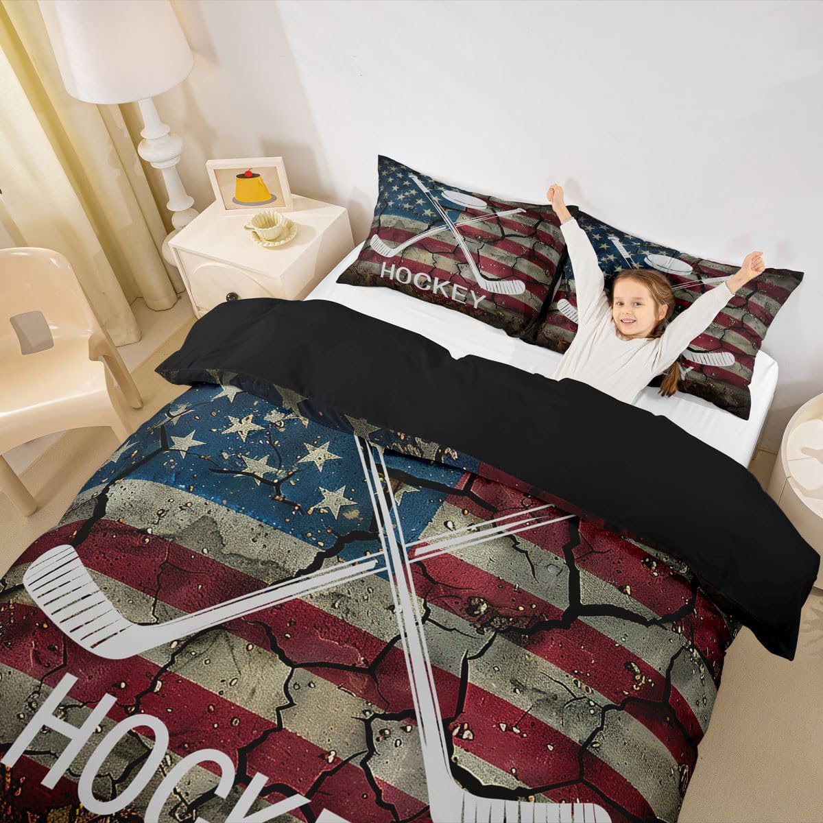 Erosebridal Ice Hockey Bedding Set Twin, American Flag Comforter Cover for Kids Boys Teens, Hockey Sports Game Duvet Cover United States Federations Stars Stripes Retro Bed Set with 1 Pillow Case
