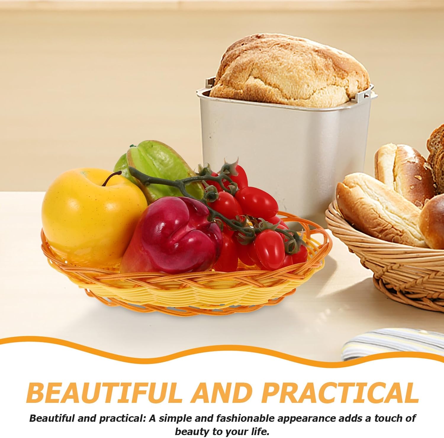 Artibetter Imitation Rattan Bread Basket Oval 22cm Plastic Food Serving Basket Tabletop Fruit Organizer Snack Storage for Kitchen and Dining