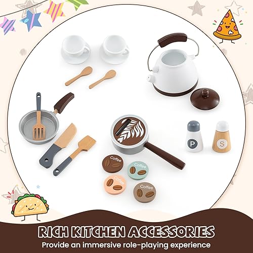 Miniatura 5 de HONEY JOY Juego de cocina esquinera, juego de cocina de madera para niños pequeños con luces, cafetera, microondas, fregadero, grifo, juego de
